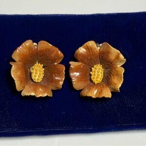 Vintage Brown Enamel Flower Clip-On Earrings